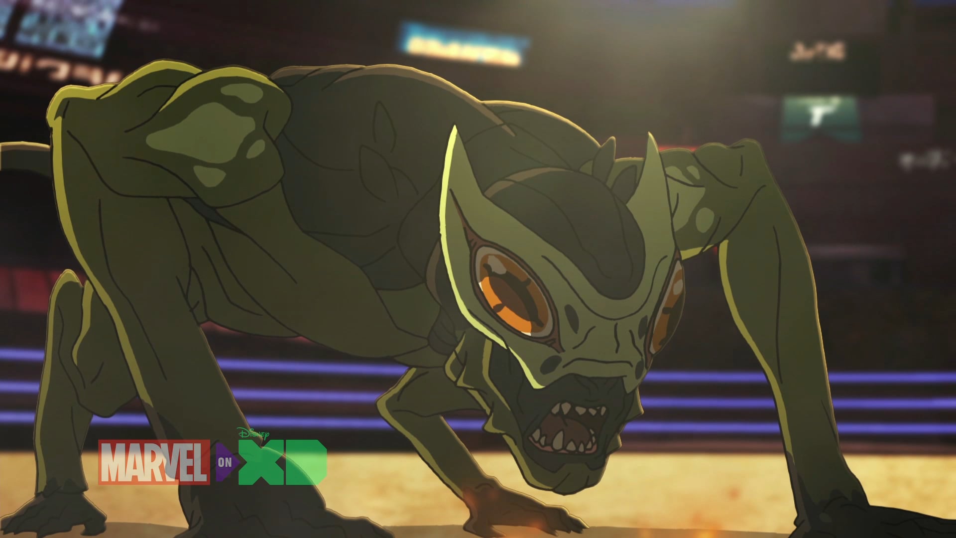 A cartoon image of a green monster in a stadium, inspired by Guardians of the Galaxy.