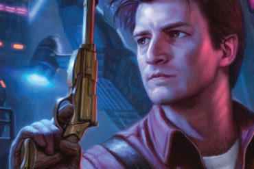 The cover of Serenity, featuring an image of a man with a gun.