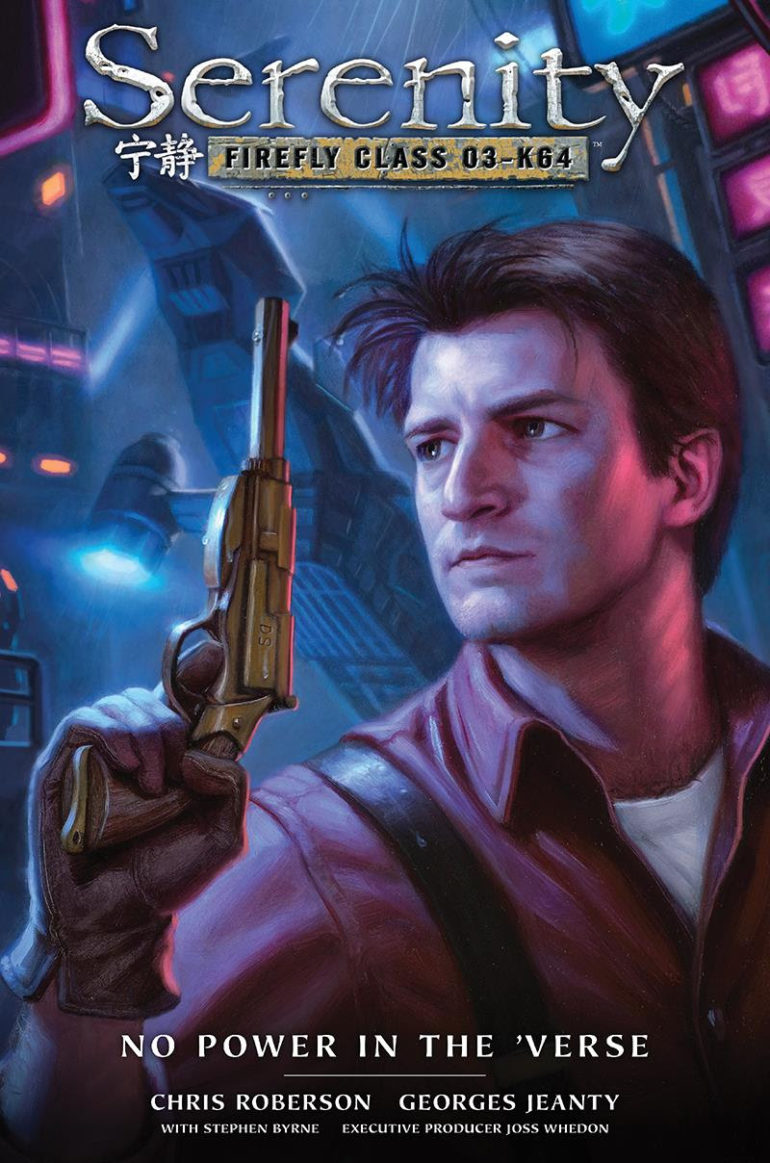 The cover of Serenity, featuring an image of a man with a gun.