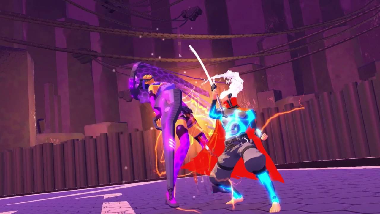 A man and a woman battling in the video game Furi.