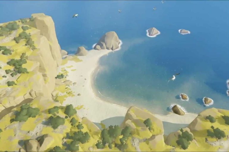 A screenshot of an island with a boat on it in RiME.