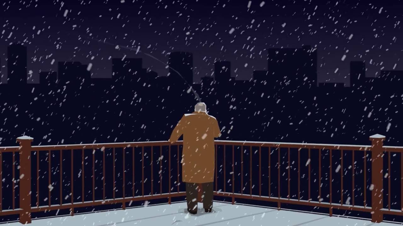 A man is watching the snow fall from a balcony in "This Is the Police.