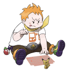 A boy is sitting on the ground with a tablet computer playing Pokémon.