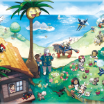 A vibrant beach scene with various Pokémon, including some from Pokémon Sun/Moon, showcases people interacting against a scenic ocean backdrop. Tropical plants and flowers adorn the landscape as new variants demonstrate their unique moves under the sunlit sky.