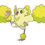A yellow bird with a yellow feather on its head, reminiscent of Pokémon.