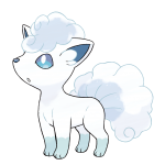 A white fox with blue eyes resembling a Pokémon standing on a black background.