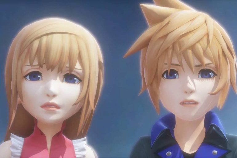 Two World of Final Fantasy characters with blue eyes looking at each other.