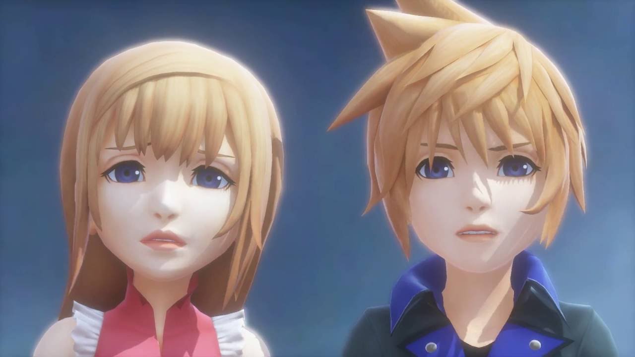 Two World of Final Fantasy characters with blue eyes looking at each other.