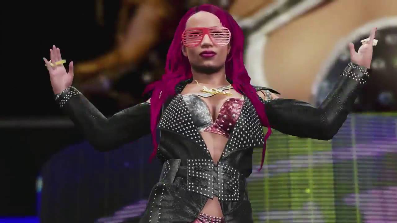 A woman in a leather outfit with pink hair featured in WWE 2K17.