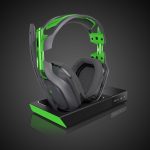 A green and black Astro Gaming headset on a black stand.