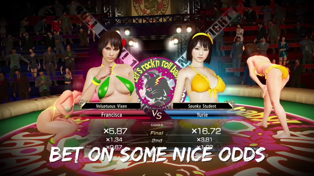 Two women in bikinis placing bets amidst the Yakuza 0 backdrop.
