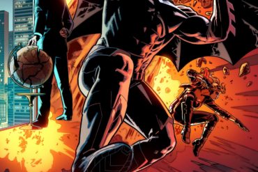 A comic book cover featuring Batman soaring through the air amidst a blazing inferno.