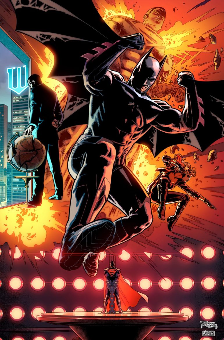 A comic book cover featuring Batman soaring through the air amidst a blazing inferno.