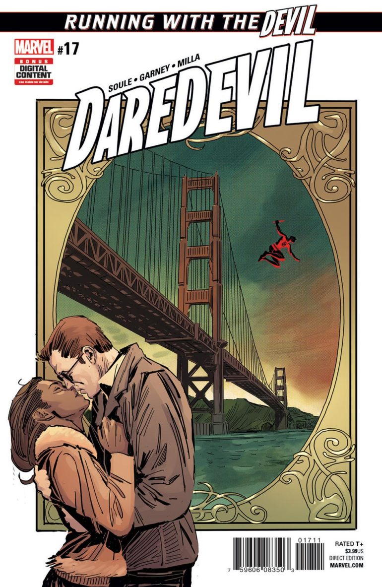 The cover of Daredevil, featuring a woman kissing a man.