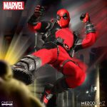 A Deadpool action figure is soaring.