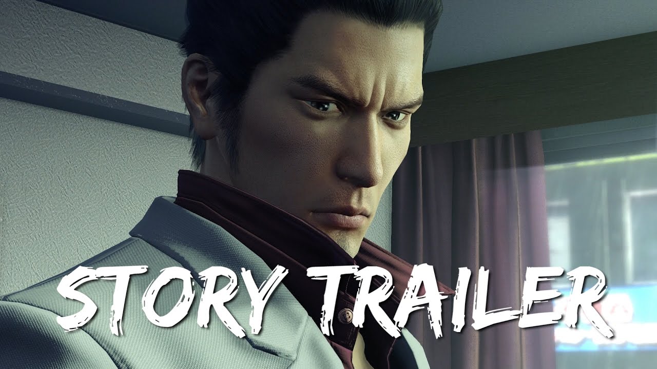 A Yakuza Kiwami man in a suit with the words story trailer.