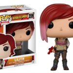 A Funko pop vinyl figure of a woman with red hair and a gun.