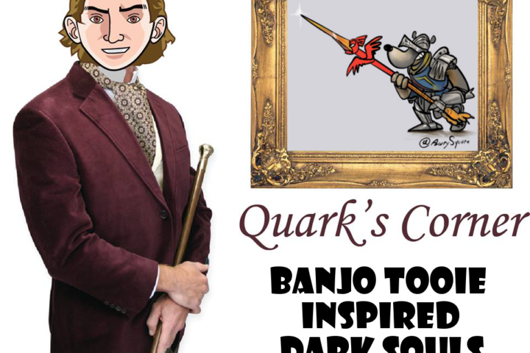 A cartoon of a man holding a sword, inspired by Banjo Tooie and Dark Souls, at quark's corner.