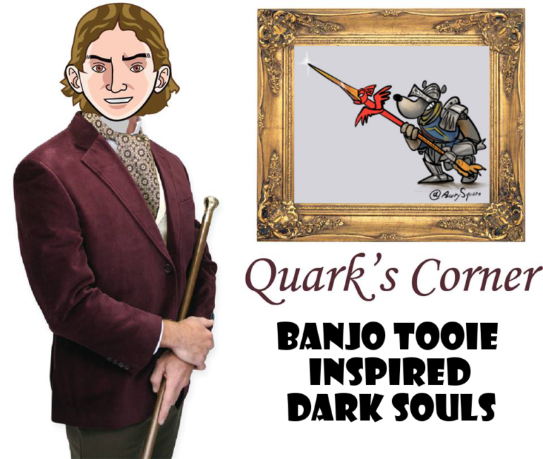 A cartoon of a man holding a sword, inspired by Banjo Tooie and Dark Souls, at quark's corner.