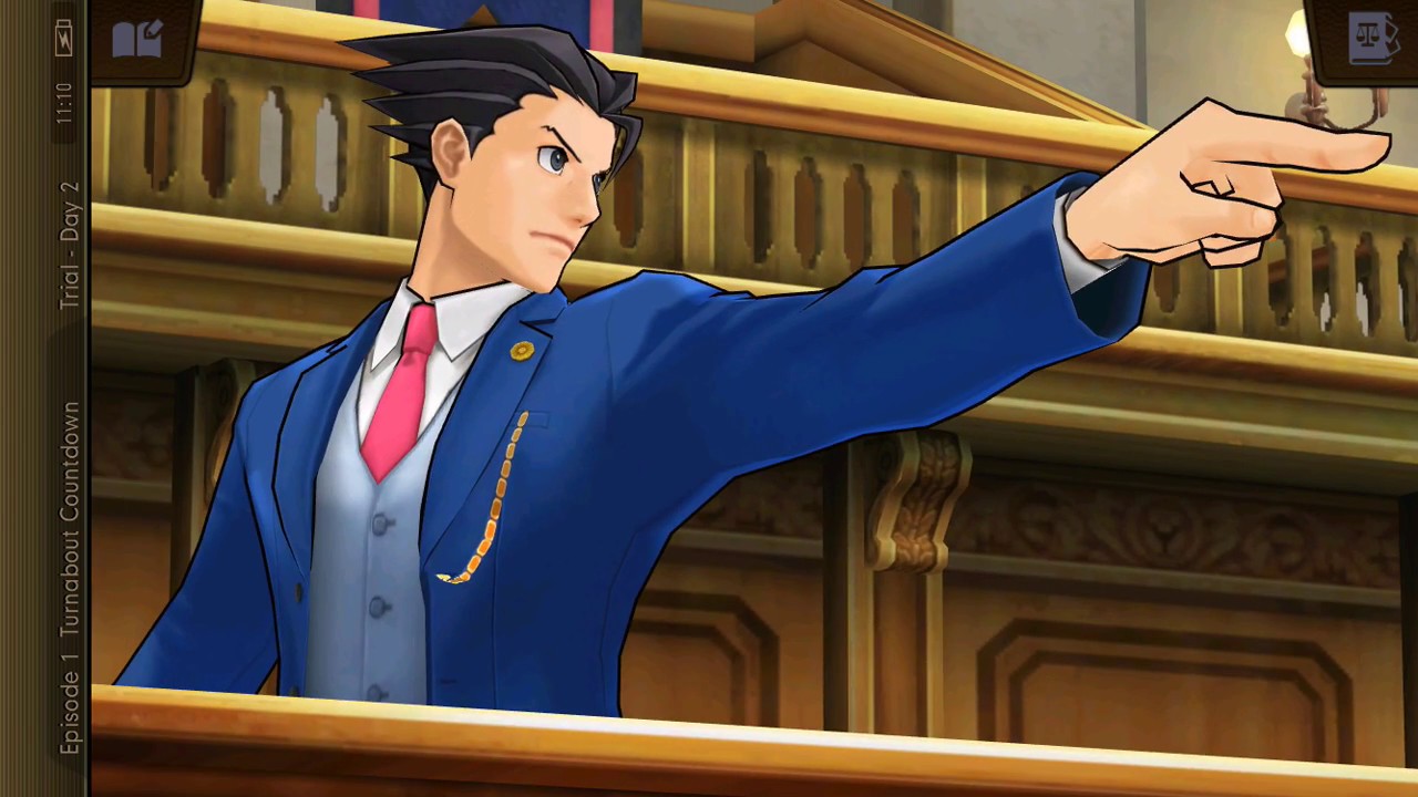 Phoenix Wright, a man in a suit, is pointing at a courtroom.