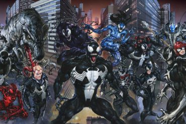 A group of Spider-Man characters from the Venomverse standing in front of a city.