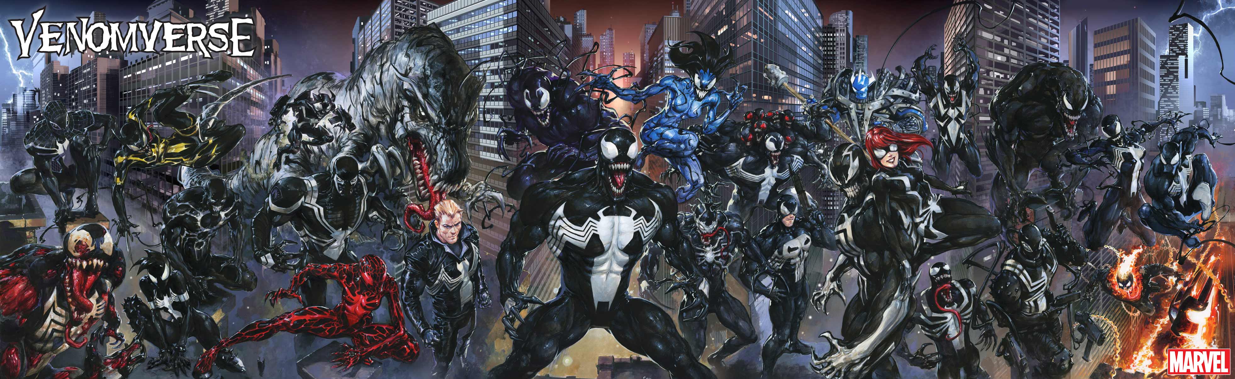 A group of Spider-Man characters from the Venomverse standing in front of a city.