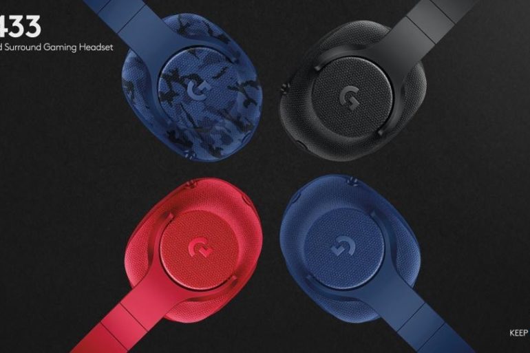 A pair of Logitech headphones in red, blue, and black.