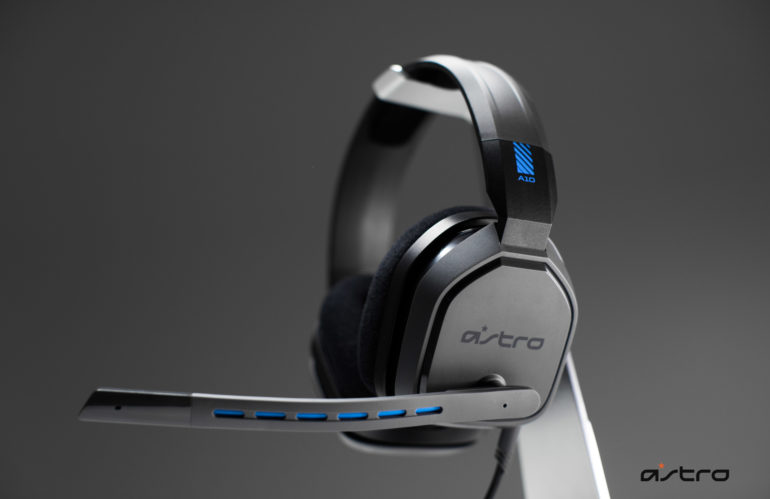 An ASTRO gaming headset with a microphone attached to it.