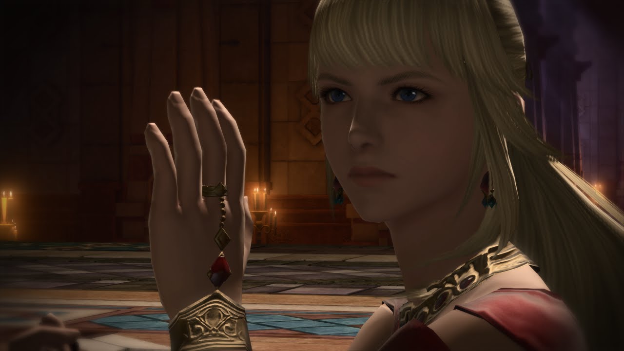 A woman with long blonde hair is holding her hands up in a scene reminiscent of Final Fantasy XIV: Stormblood.