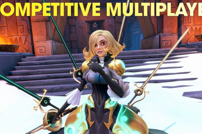 A Battleborn character in a game with the text competitive multiplayer.