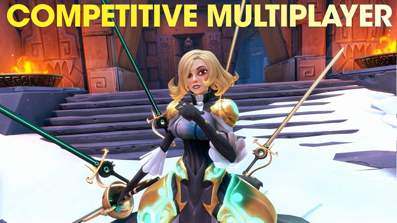 A Battleborn character in a game with the text competitive multiplayer.