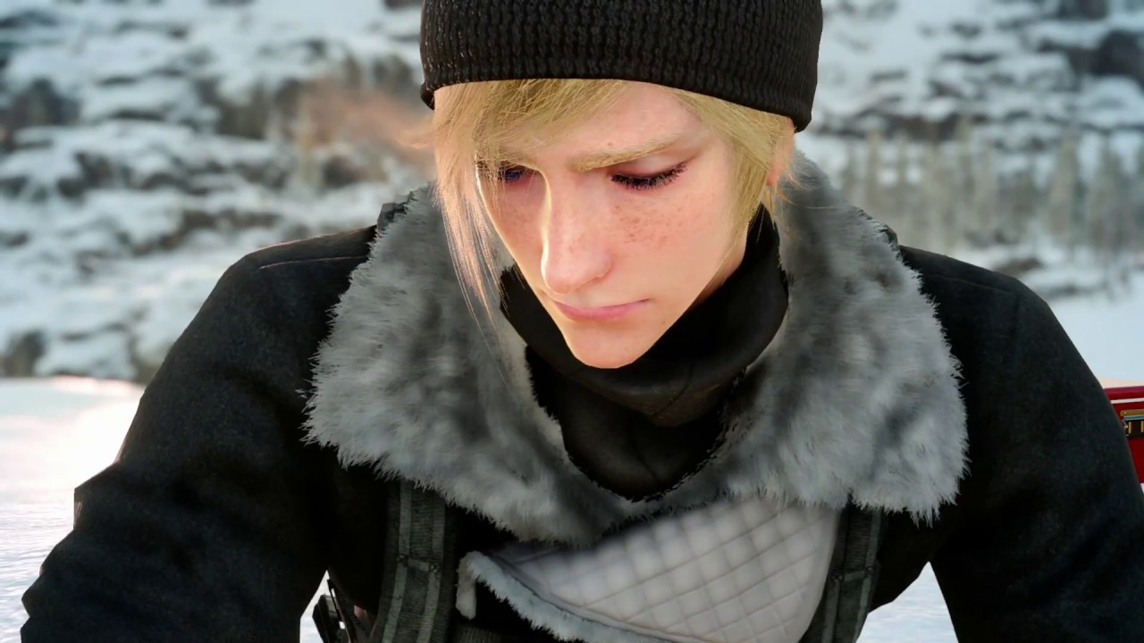 A man in a beanie is sitting in the snow, reminiscent of Final Fantasy XV.