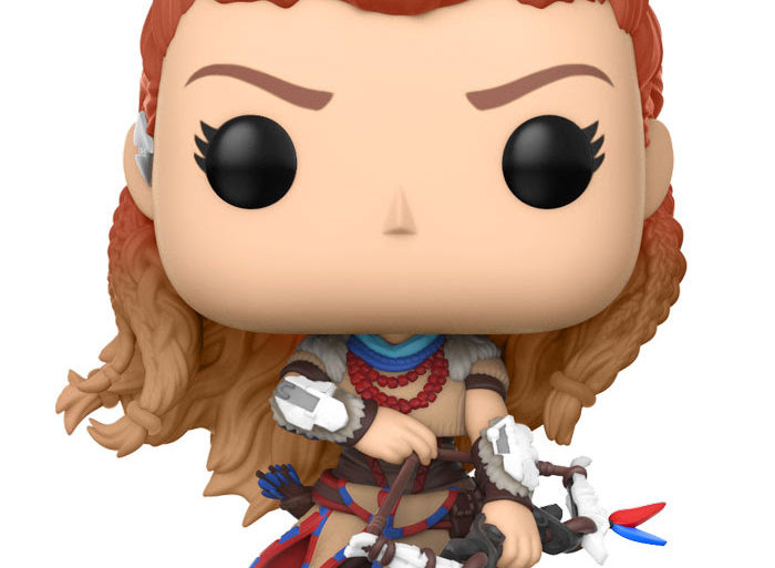 A Horizon Zero Dawn pop vinyl figure of a girl with red hair holding a bow and arrow.