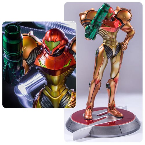 A iconic statue of a man holding a gun inspired by the character Samus.