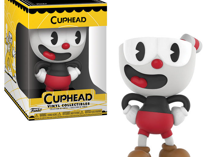 A Cuphead vinyl figure is shown in front of a box.