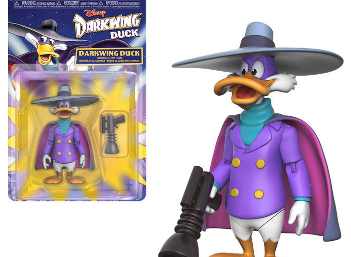 A Funko figure of a duck wearing a purple hat.