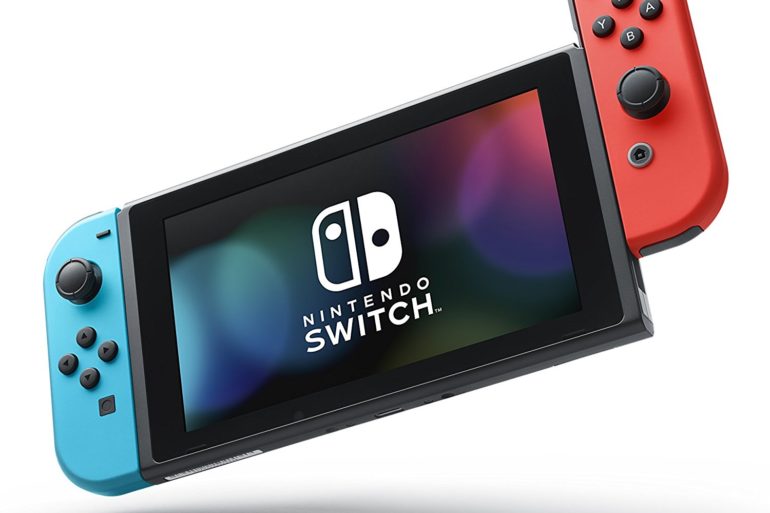 A nintendo switch with a red and blue logo.
