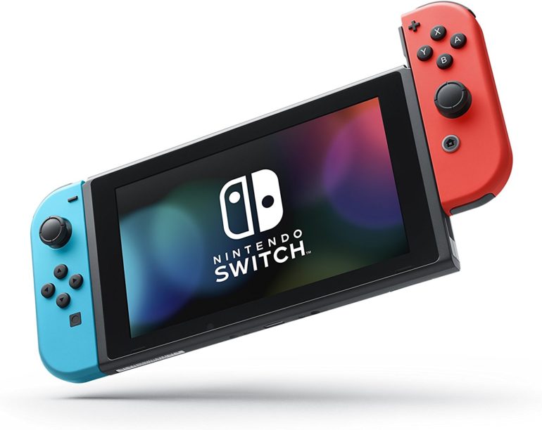 A nintendo switch with a red and blue logo.