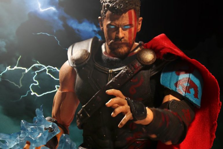 A captivating Thor action figure is showcased, complete with lightning effects and a stunning cape.