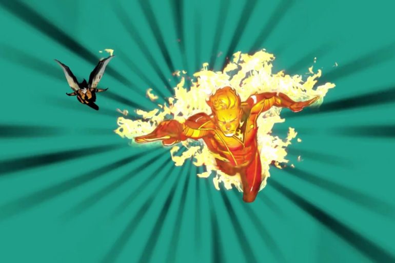 The flash, known as the fastest superhero in Marvel, zooms through the air while a bird gracefully soars beside him.