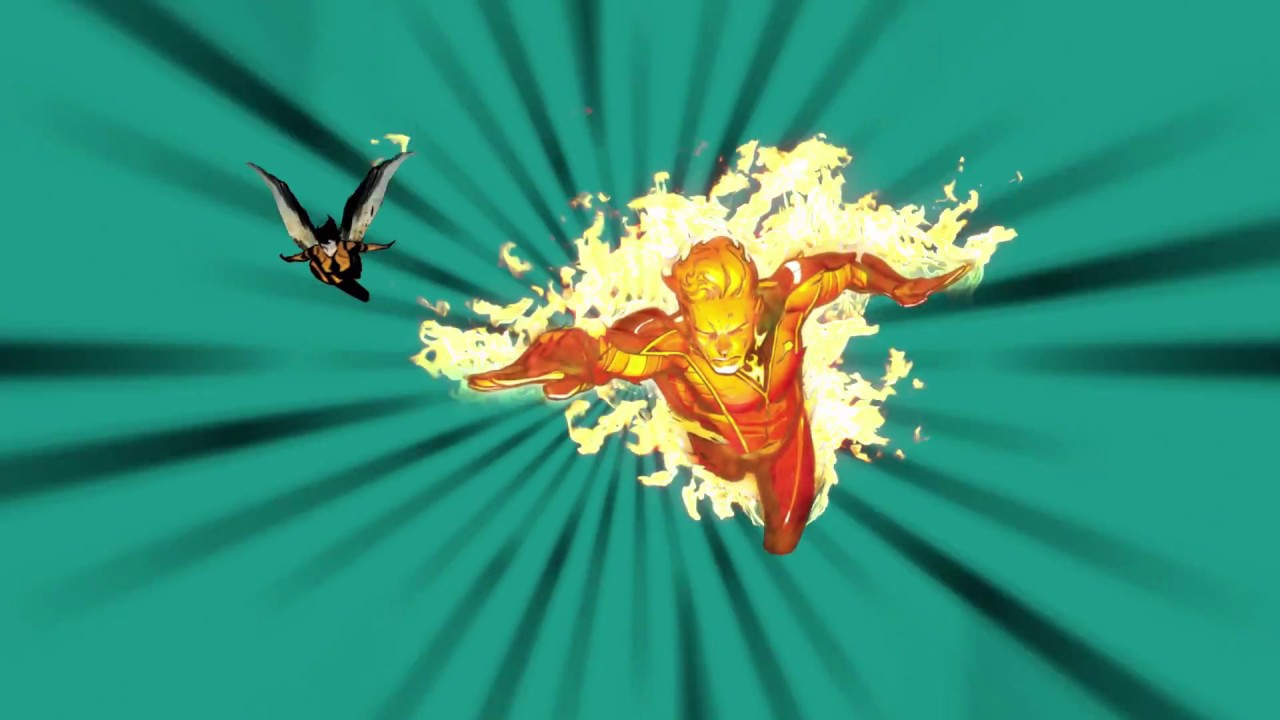 The flash, known as the fastest superhero in Marvel, zooms through the air while a bird gracefully soars beside him.