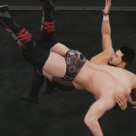Two wrestlers are wrestling in WWE 2K18, a video game.