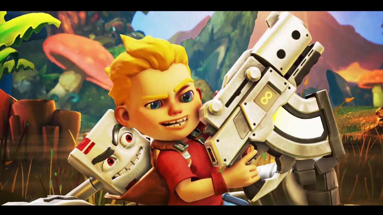 Rad Rodgers, a cartoon boy, confidently wields a gun amidst the lush expanse of a forest.