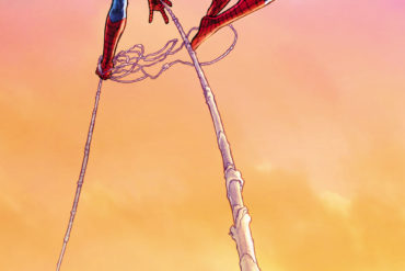 A Spider-Man, created by Marvel, gracefully soaring through the air using his trusted rope.
