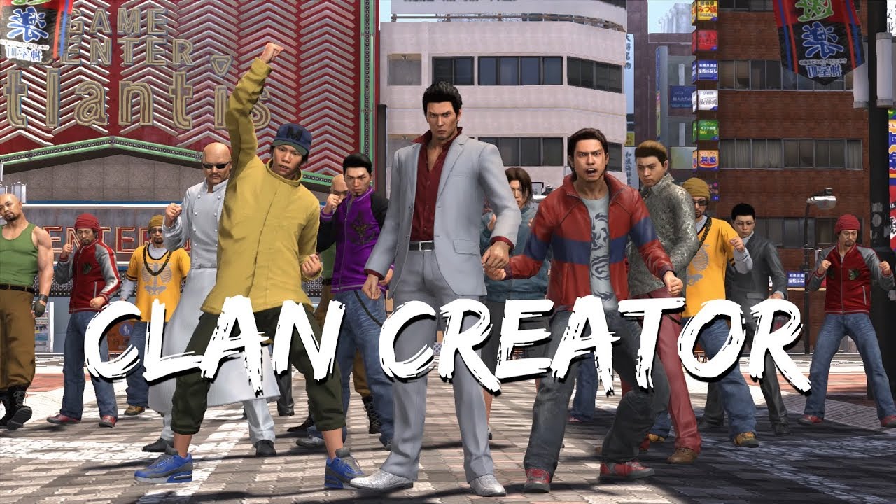 A group of people standing in front of a city with the words Kiryu Clan.