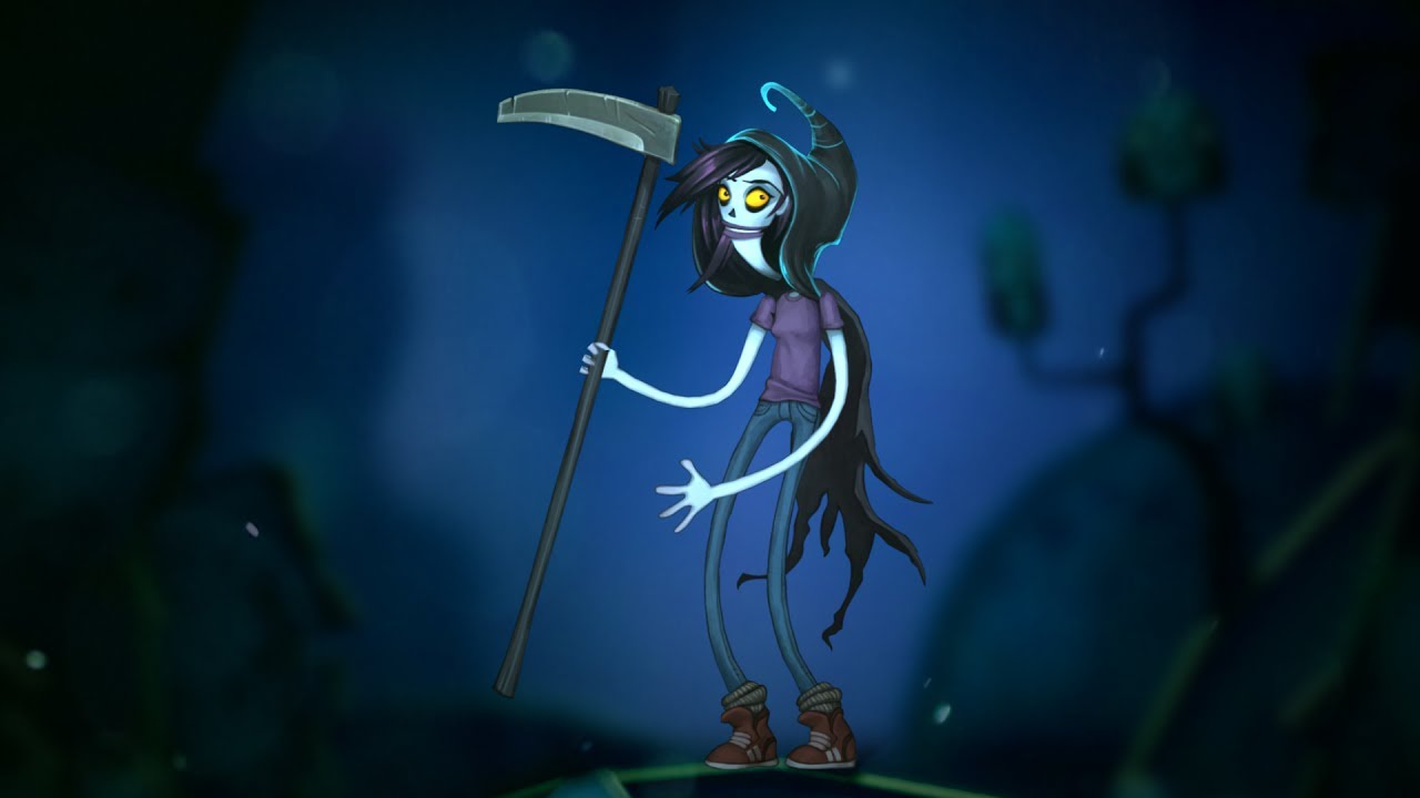 A cartoon character wielding a scythe in the dark, launching into Flipping Death.
