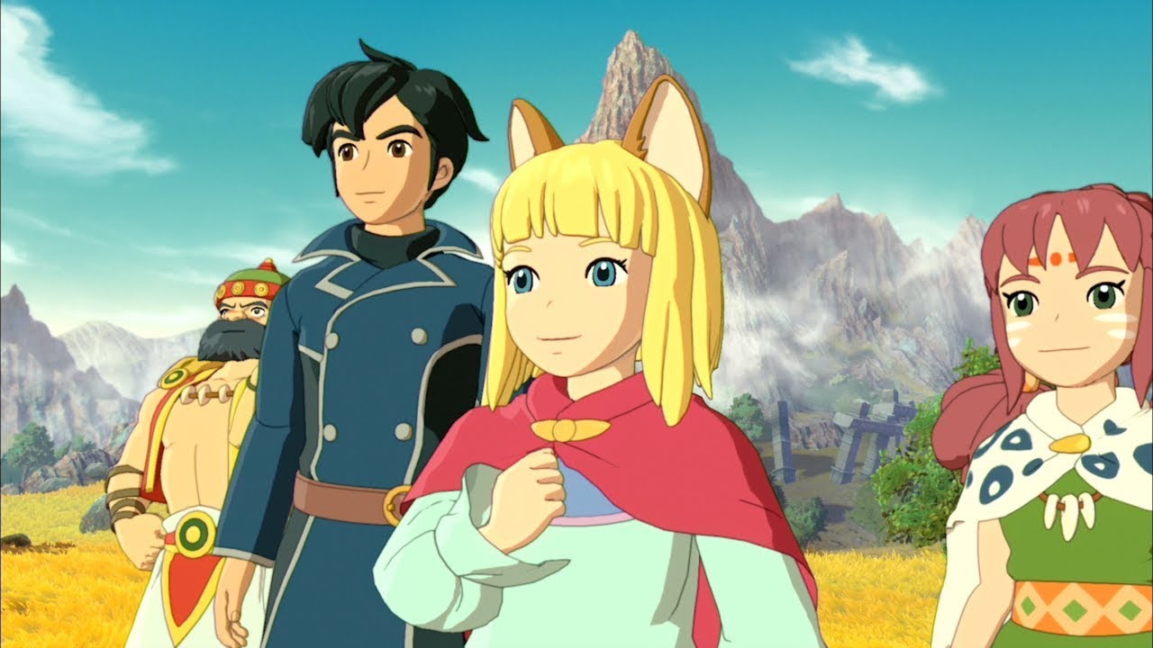 A group of anime characters from Ni no Kuni II standing in front of a mountain.