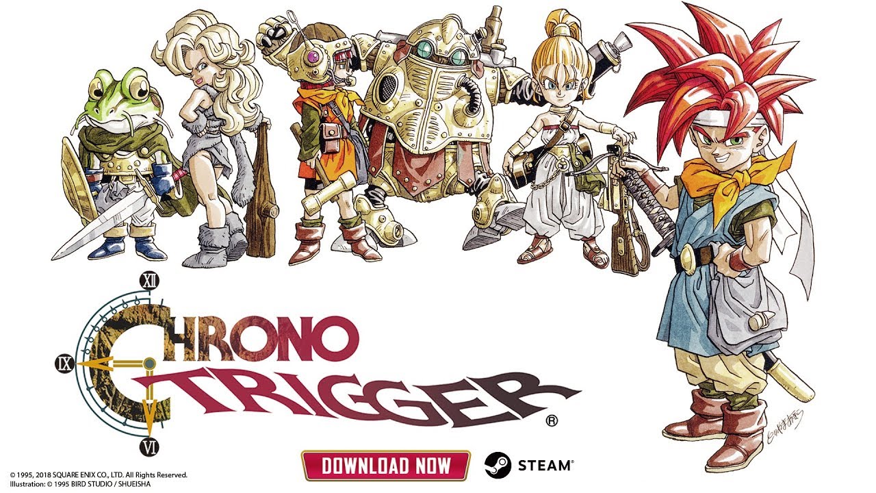 A poster for the game Chrono Trigger, now available on Steam.