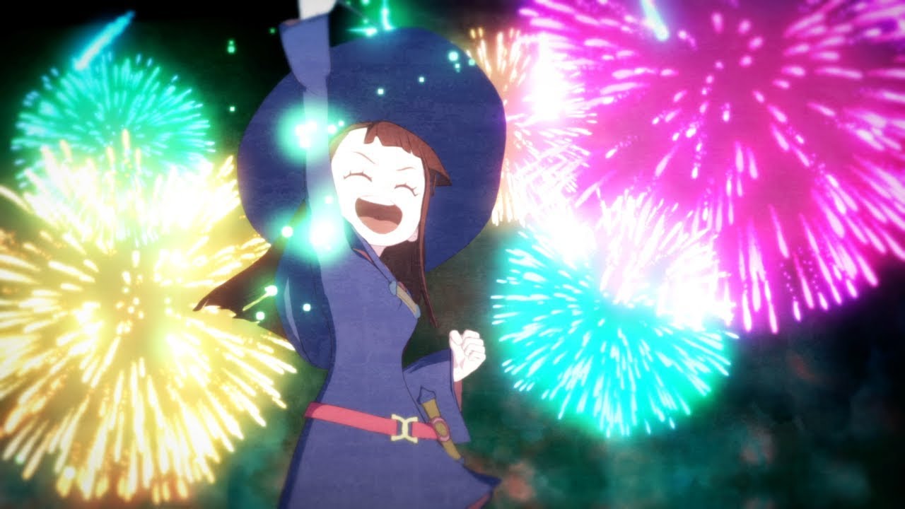 A girl in a hat with fireworks in the background eagerly anticipates the release date of Little Witch Academia: Chamber of Time.