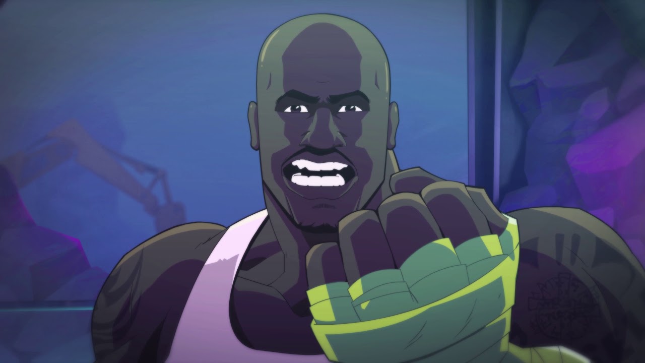 A cartoon character with a Shaq Fu fist in his hand.